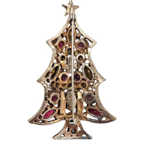 Regency Gold Tone Red Clear Rhinestone Christmas Tree Brooch Signed, J5 - Picture 8 of 11